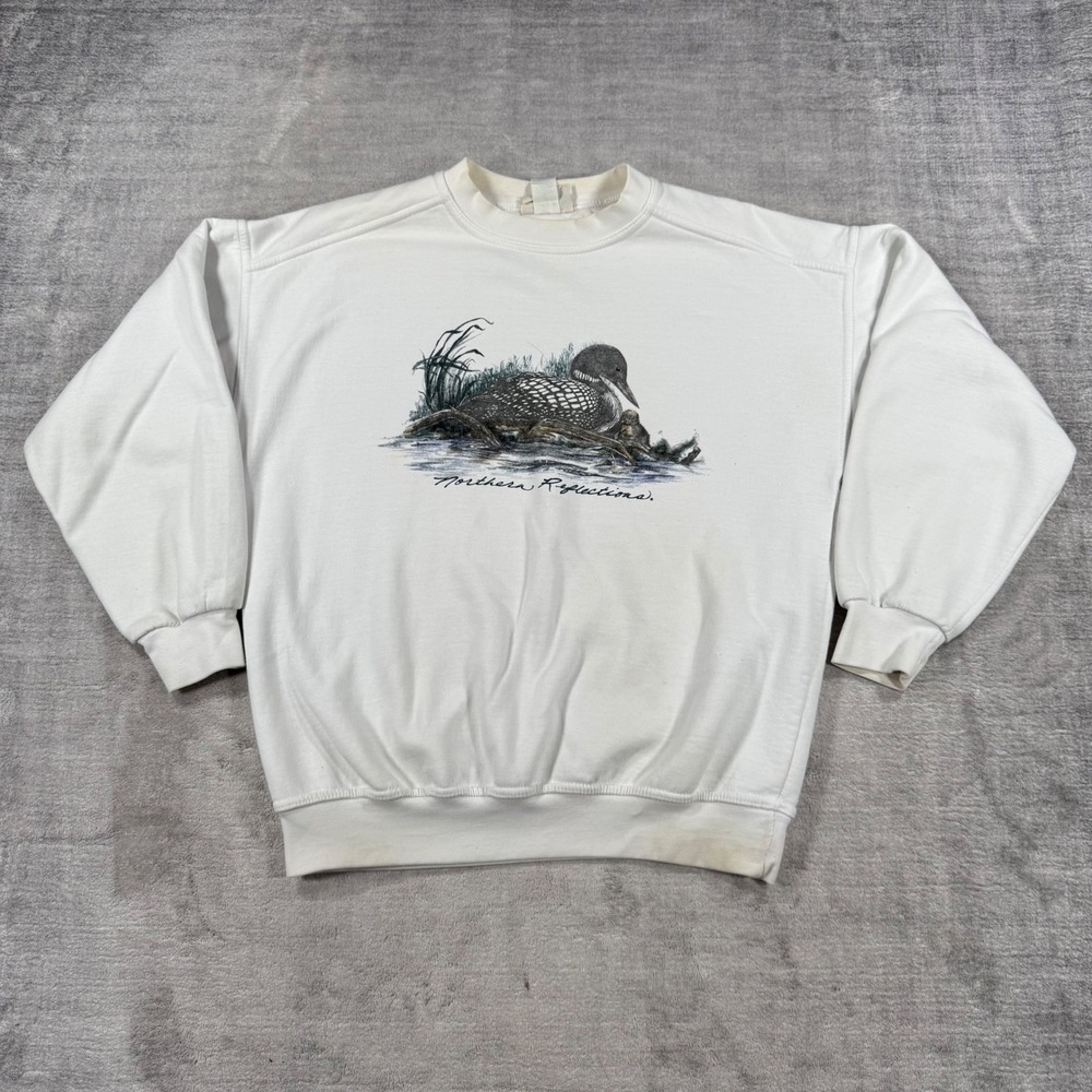Northern Reflections Sweatshirt Mens Medium White Vintage Loon Nature Crewneck